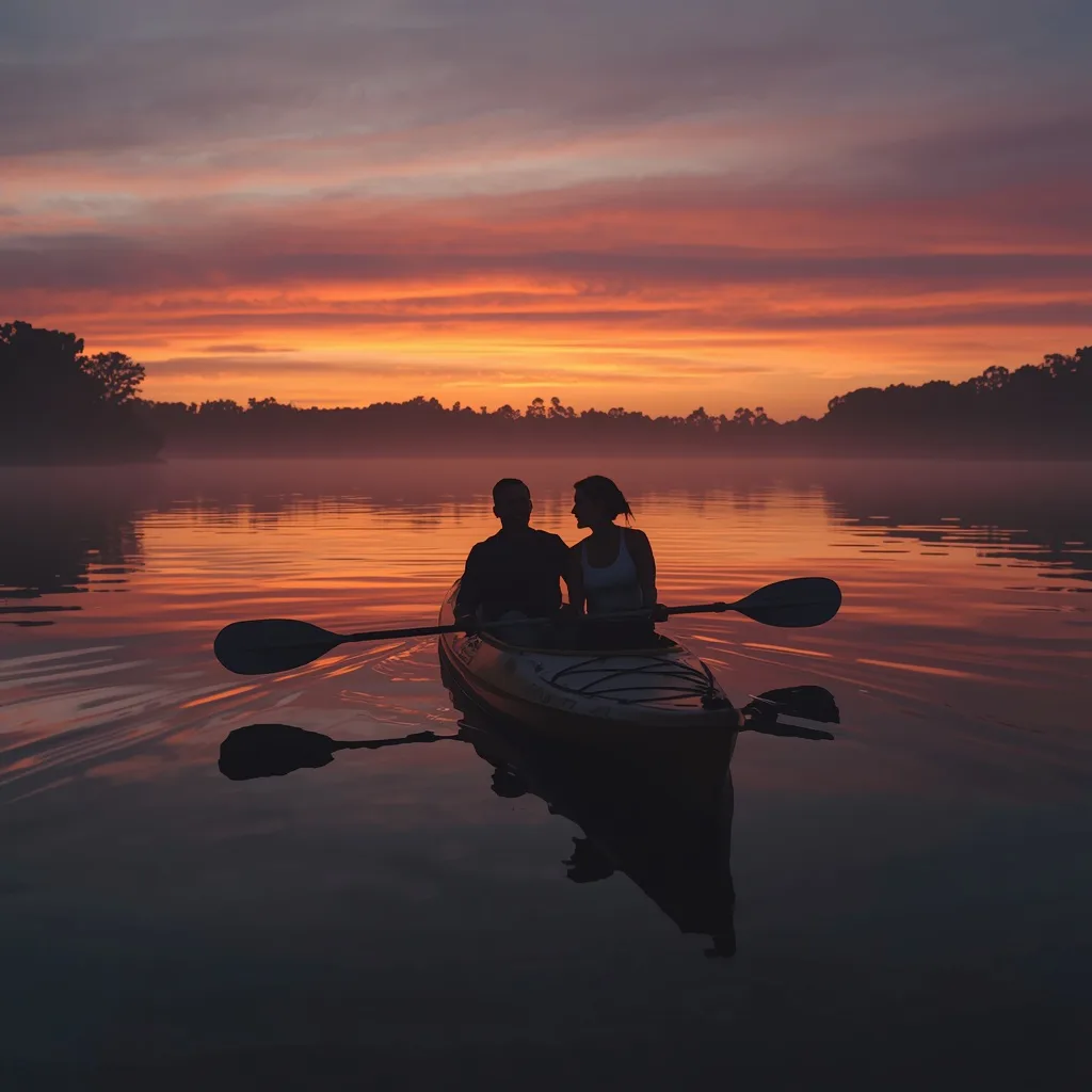 Romantic Couple Kayaking on a Calm Lake at Sunset with Warm Reflections – playful couple ai prompts – AI generated example