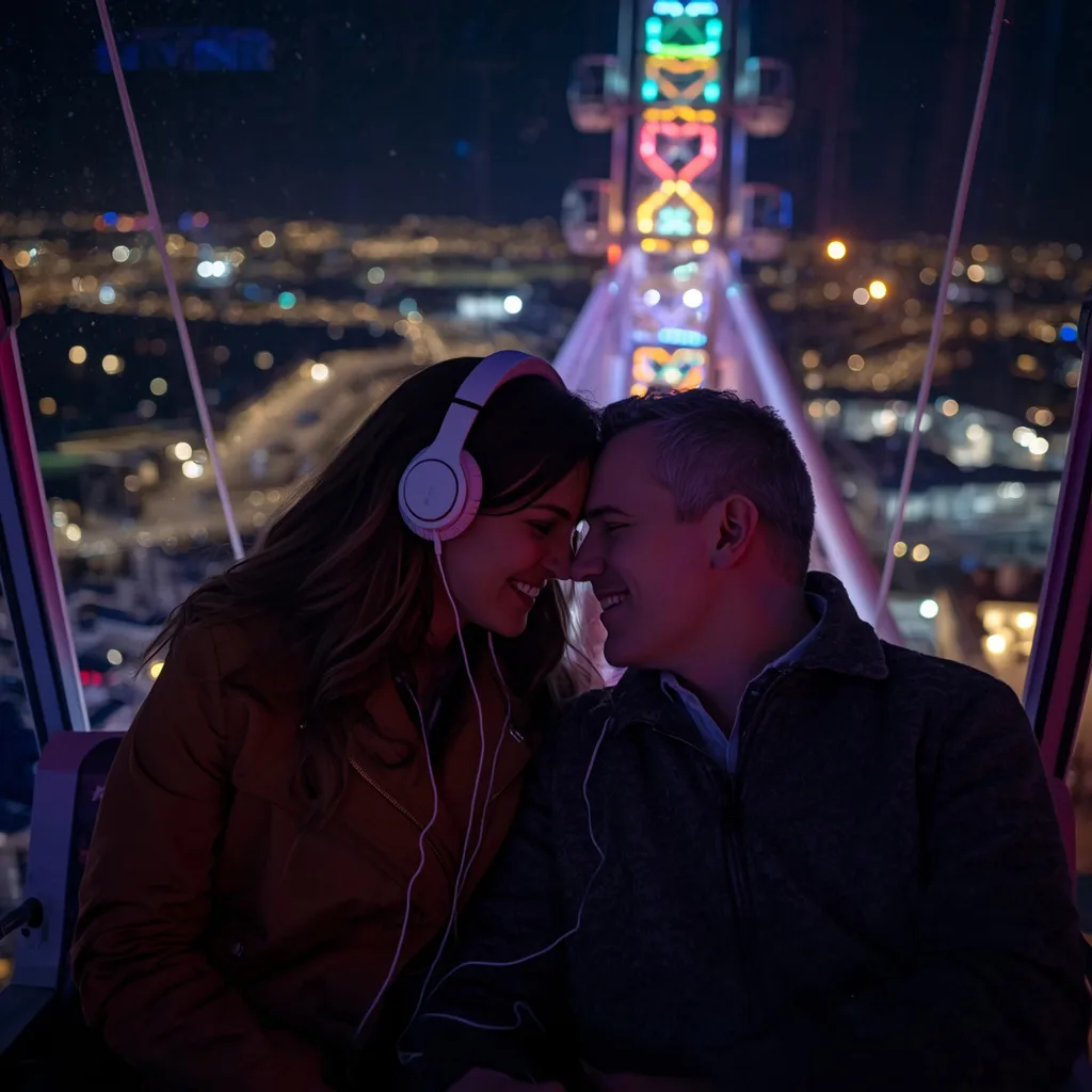 Romantic Couple Sharing Headphones on a Ferris Wheel at Night – playful couple ai prompts – AI generated example