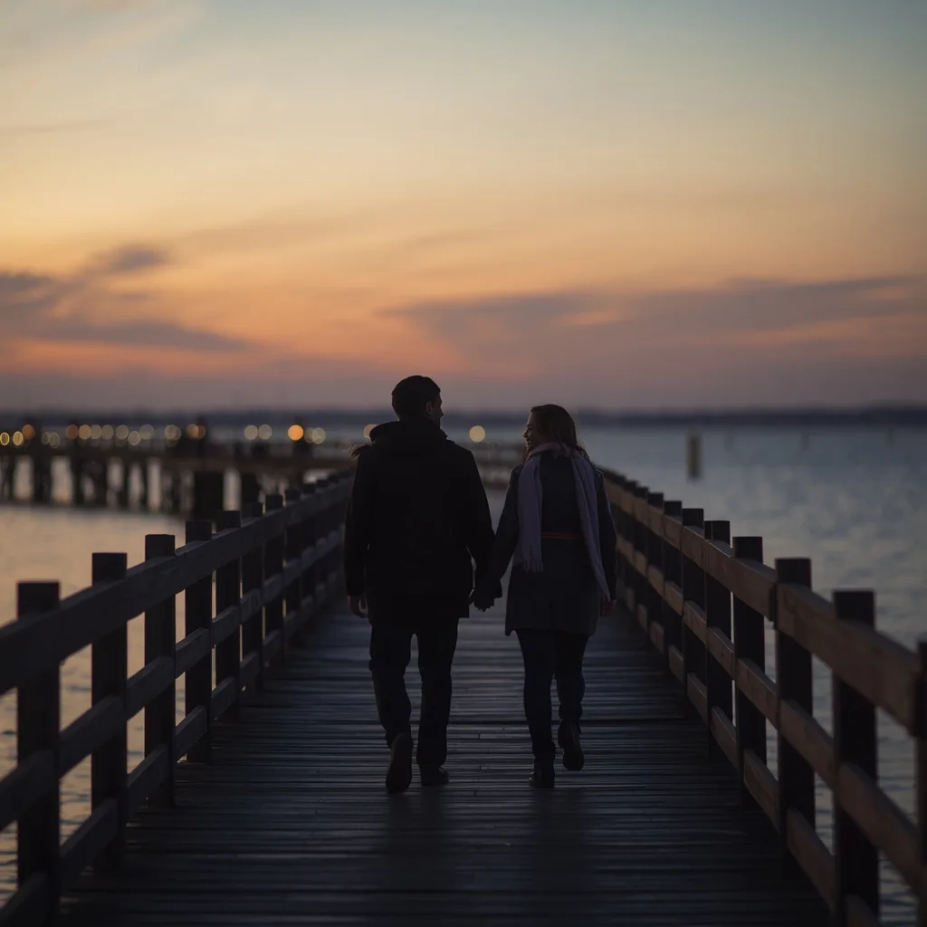 Romantic Couple Walking Hand-in-Hand on a Pier at Dusk with Warm Lighting – playful couple ai prompts – AI generated example