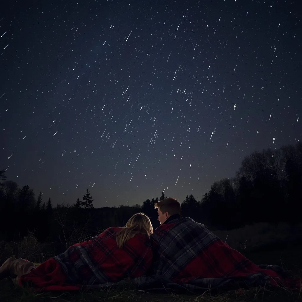 Romantic Couple Watching a Meteor Shower in a Remote Wilderness Setting – playful couple ai prompts – AI generated example