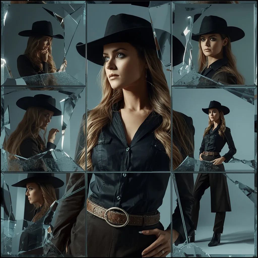 Shattered Elegance: Western Woman Framed by Crystal Glass Panels – sci-fi fantasy ai prompts – AI generated example