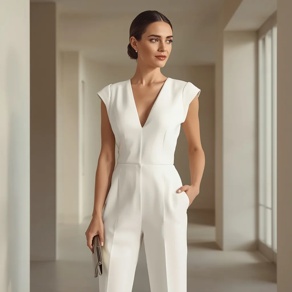Sophisticated Simplicity: A Woman in a Clean-Lined White Jumpsuit – women's art deco AI prompts – AI generated example