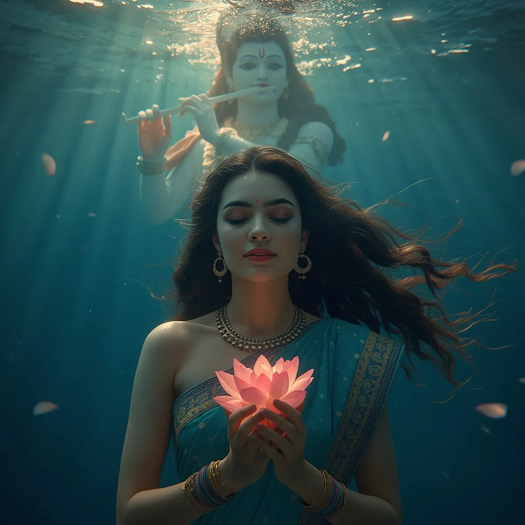 Underwater Krishna Fantasy: A Woman's Spiritual Lotus Dance – saree look ai prompts – AI generated example