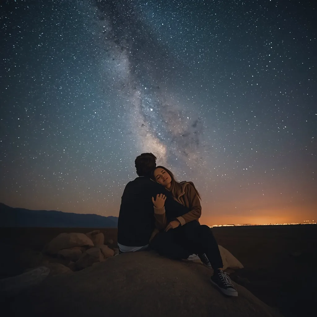 Young Couple Sharing an Intimate Moment Under Starry Skies in a Desert Landscape – playful couple ai prompts – AI generated example
