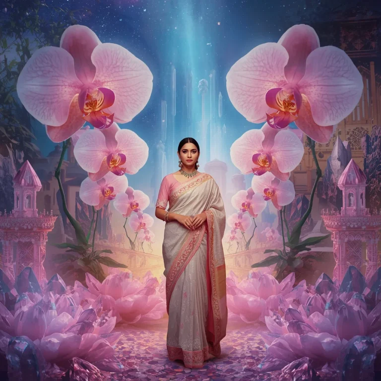 Festive Pastel Saree Aurora Orchid Crystal Kingdom Luxury Fashion Collage | beautiful saree girl ai prompt — AI image prompt