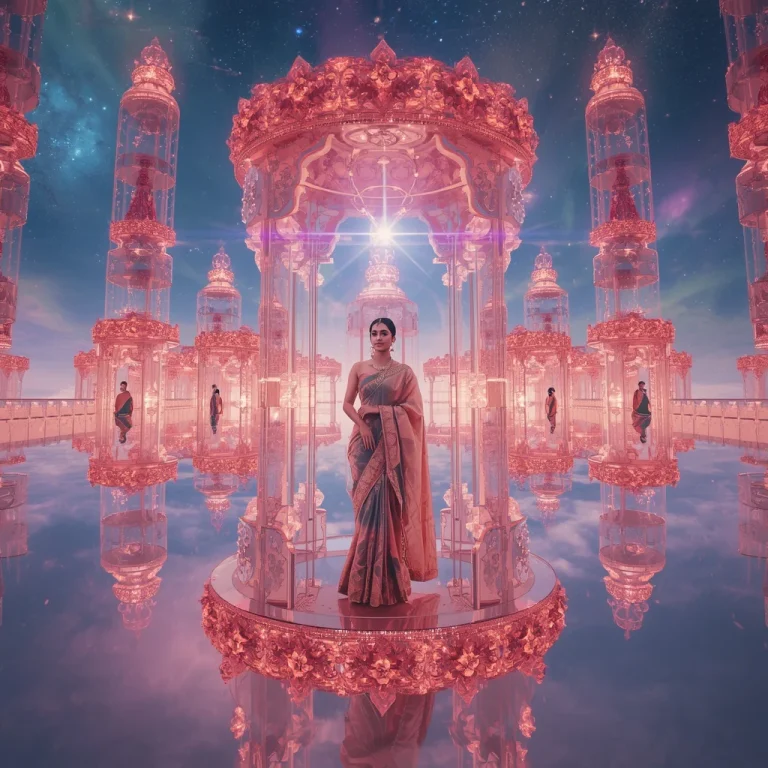 Festive Pastel Saree Crystal Aurora Celestial Floating Ruby Sakura Sky Palace Infinity Luxury Portal Realm | gemini ai purple saree prompt — AI image prompt