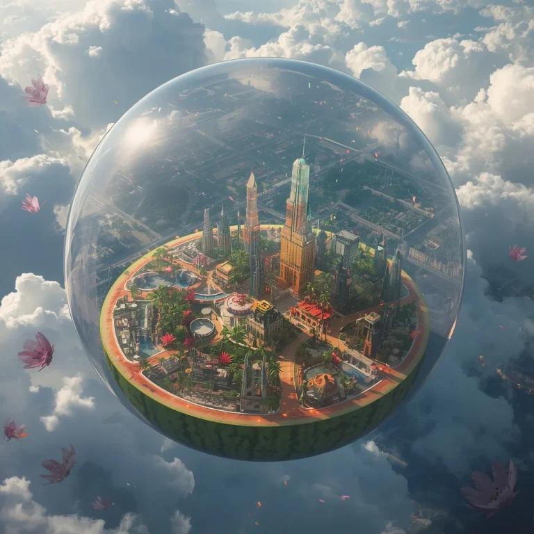 Giant Floating Luxury City Inside Crystal Watermelon Prompt | ChatGPT image AI free — AI image prompt