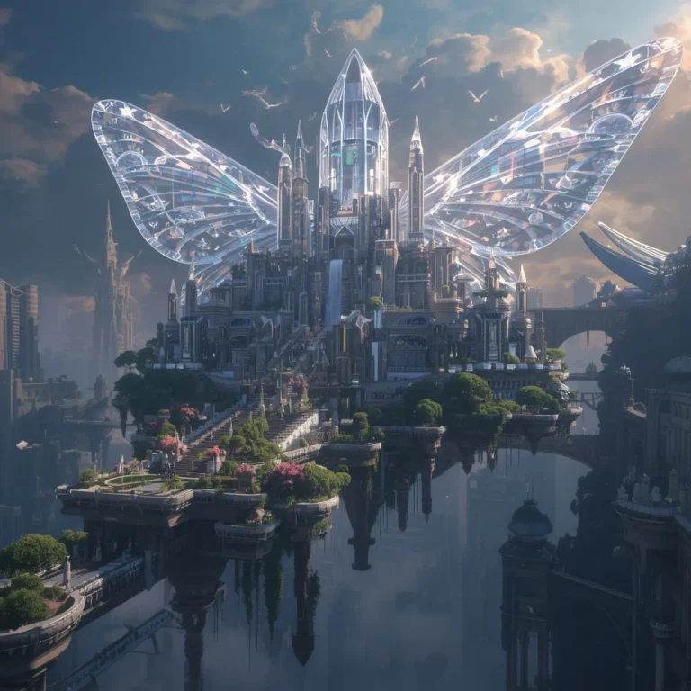 Giant Floating Luxury City On Crystal Moth Wings Prompt | Fashion Photo Prompt — AI image prompt