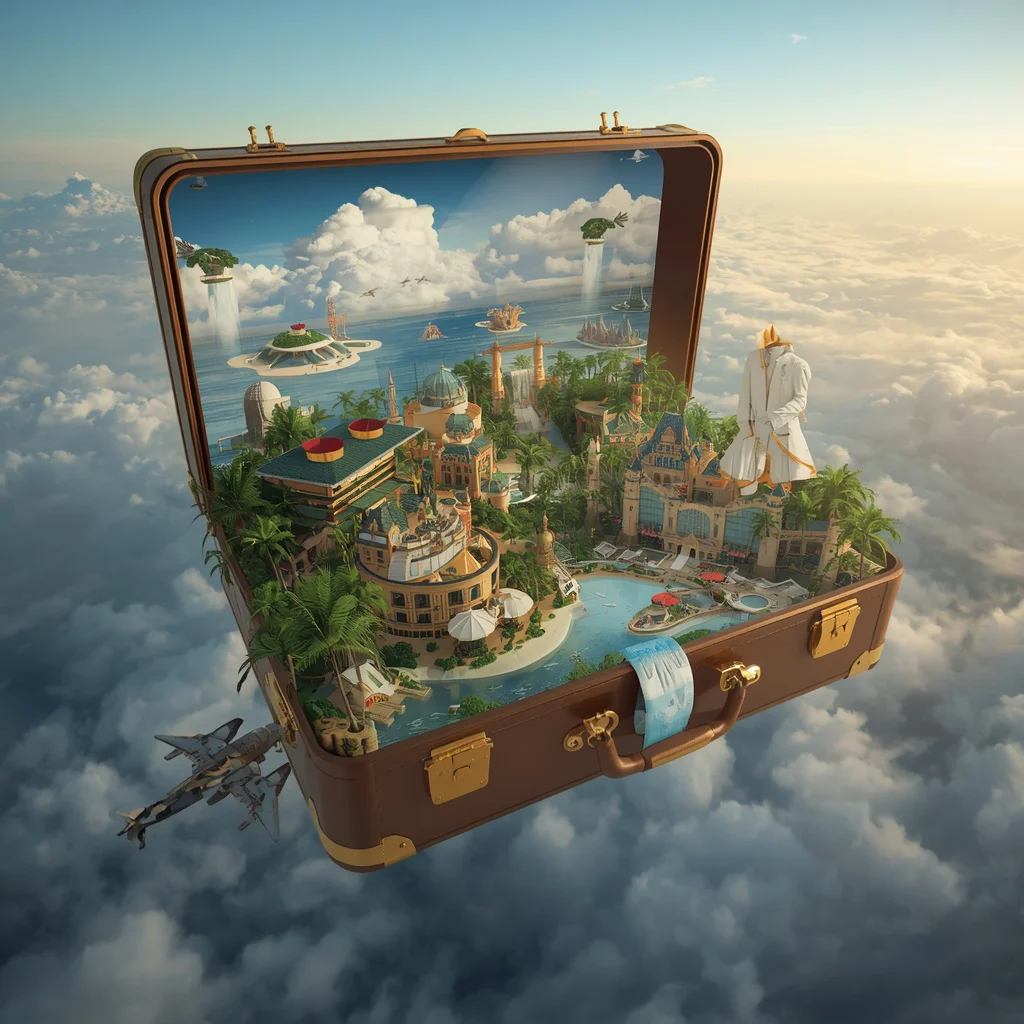 Giant Floating Suitcase Luxury Adventure World | prompt for pdf — AI image prompt