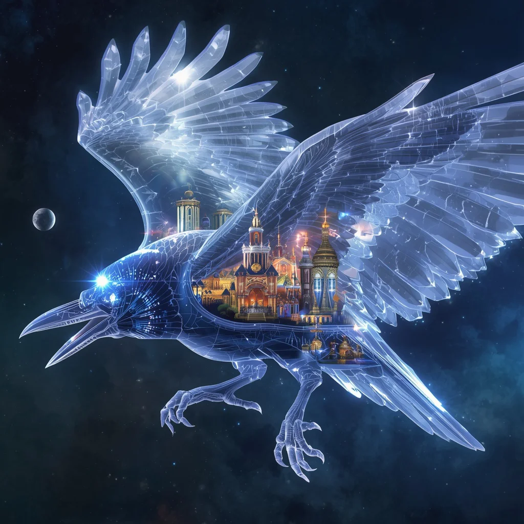 Giant Royal Kingdom Existing Within a Crystal Crowned Raven Carrying Entire Solar Systems | new prompt photo editor — AI image prompt