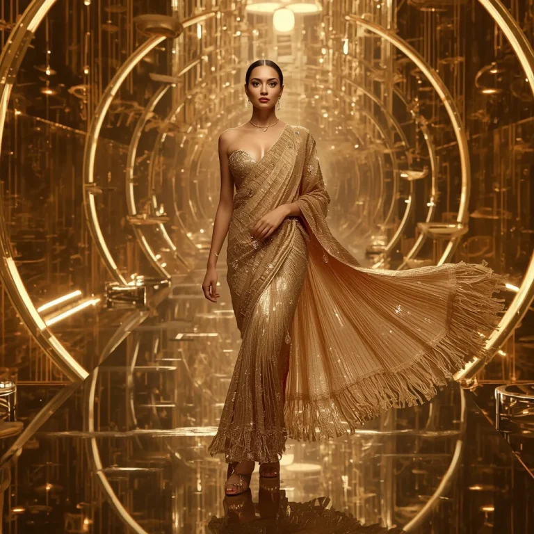 Golden Rainfall Crystal Saree with Floating Mirror Kingdom | best saree prompt for chatgpt — AI image prompt