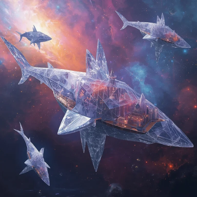 Infinite Luxury Metropolis Built Across Giant Floating Crystal Origami Sharks Swimming Through Nebulas | free ai prompt — AI image prompt