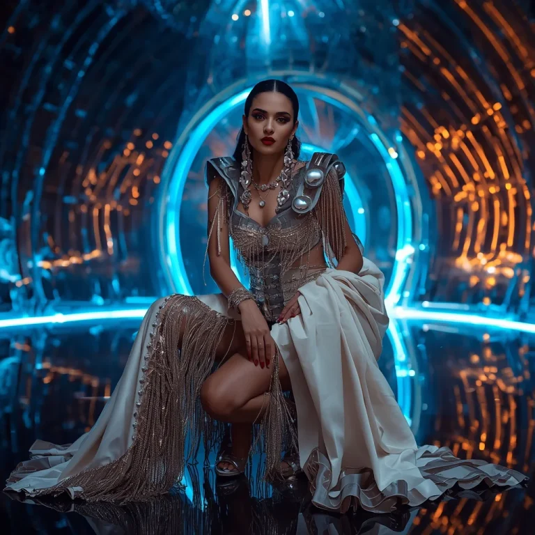 Moonstone Inferno Fantasy Saree with Floating Laser Reflection Observatory | trending saree prompt for girl in english — AI image prompt