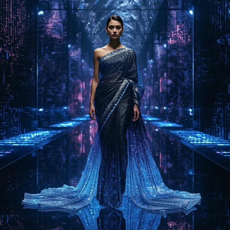 Quantum Fractal Expansion Saree With Infinite Algorithm Growth Patterns And Digital Infinity Fashion Studio Concept | prompt for traditional look for girl instagram — AI image prompt