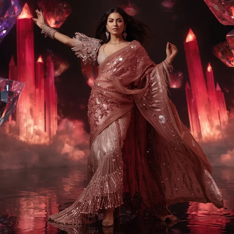 Rose Gold Aurora Saree with Floating Crystal Skyline Sanctuary | prompt for gemini girl in saree instagram in english — AI image prompt