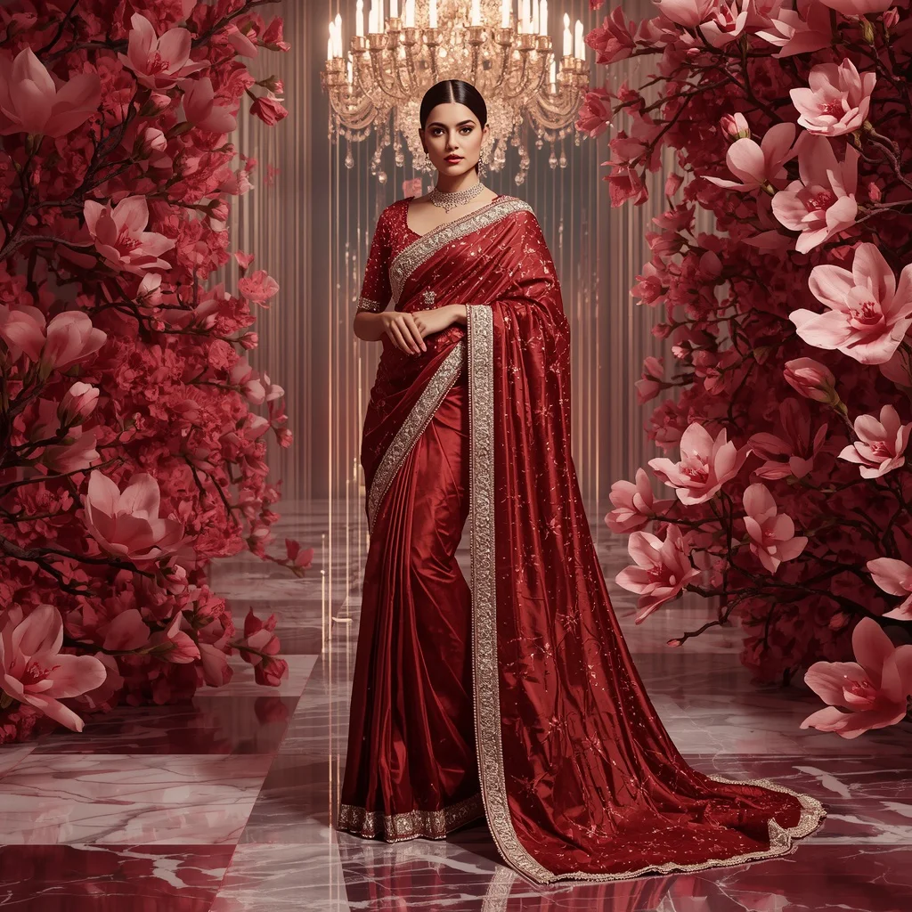 Ruby Crystal Magnolia Saree with Floating Blossom Spiral Palace | ai new prompt free download — AI image prompt