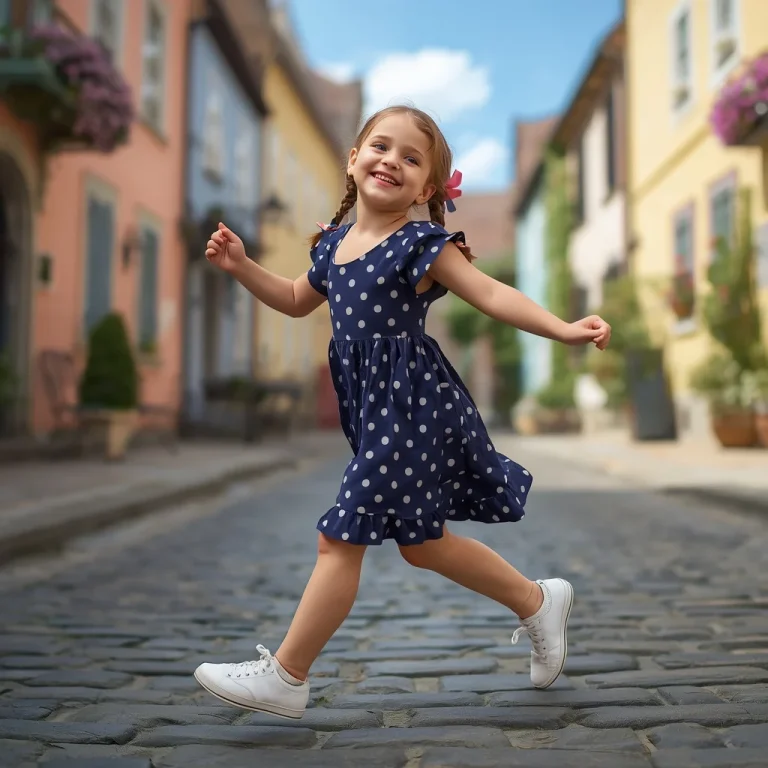 Cute Girl’s Joyful Skip in a Polka Dot Dress | Red Girl Prompt — AI image prompt