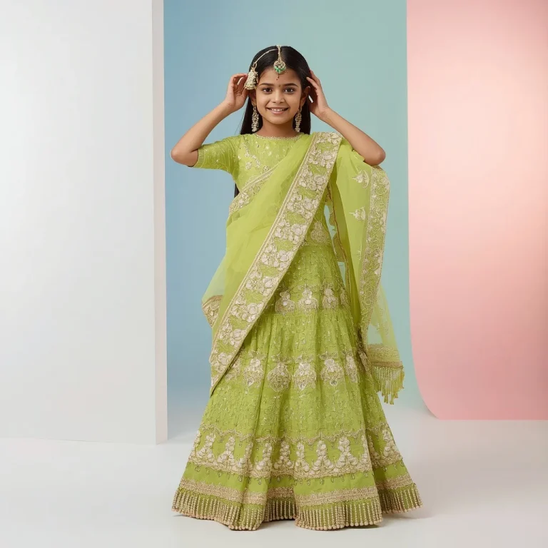 High-Definition Photography of a Girl in a Lime Green Fancy Saree — AI image prompt