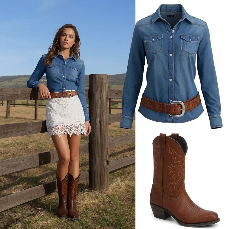 Western Theme Outfit Female Featuring Denim And Boots — AI image prompt