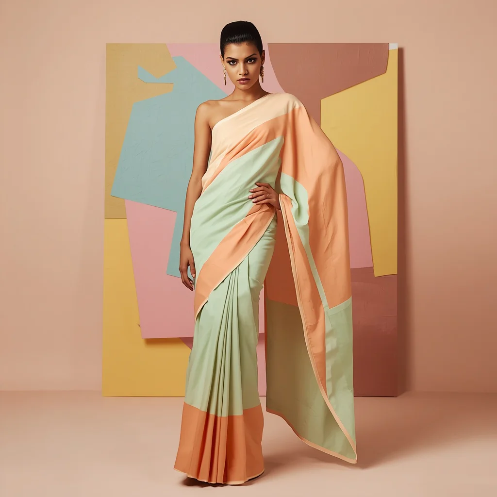 Artistic Interpretation of an Indian Woman in a Geometric Pastel Saree — AI image prompt