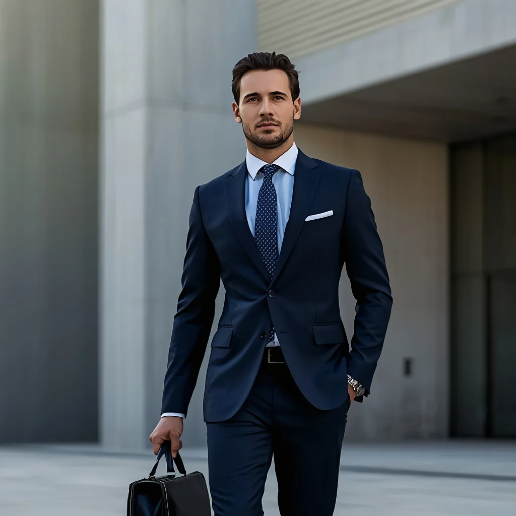 Handsome Man in a Formal Suit Against a Modern Architectural Building — AI image prompt