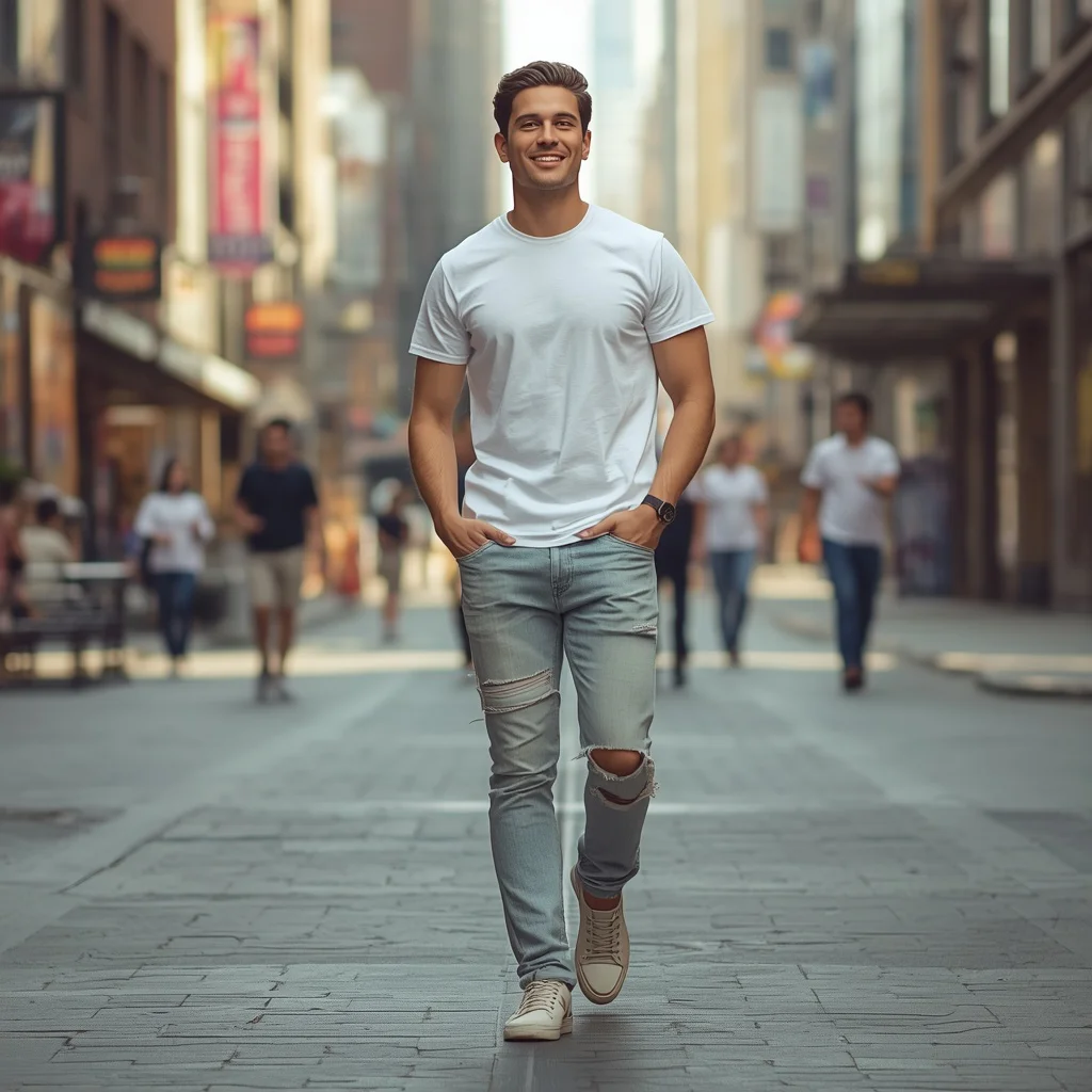Man in a Casual White T-shirt and Jeans Walking in a City — AI image prompt
