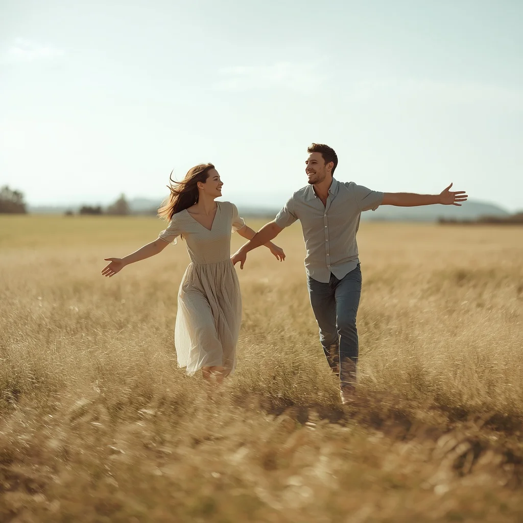 Romantic Couple’s Playful Chase Through a Field — AI image prompt