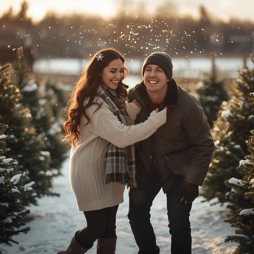 Romantic Couple’s Playful Moment at a Christmas Tree Farm — AI image prompt