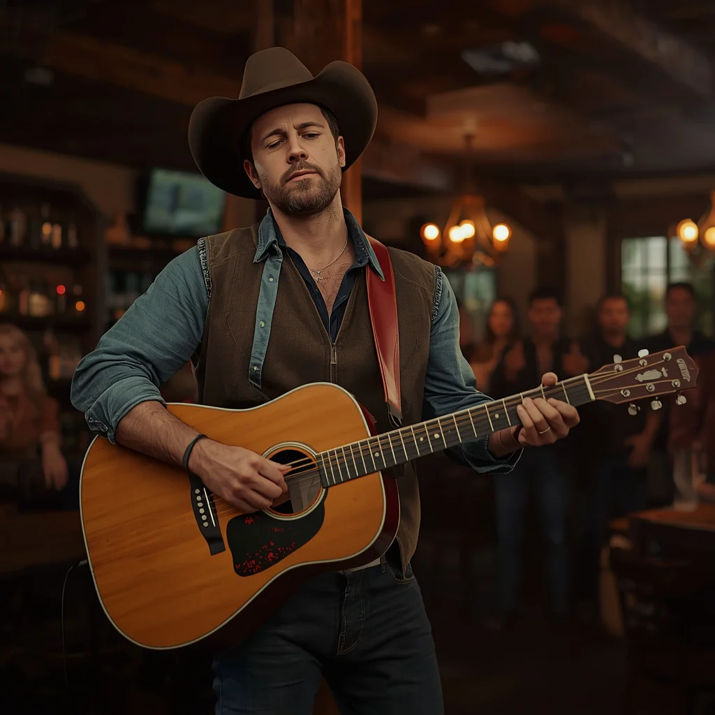 Western Theme Outfit Male: Handsome Musician in a Rustic Bar — AI image prompt